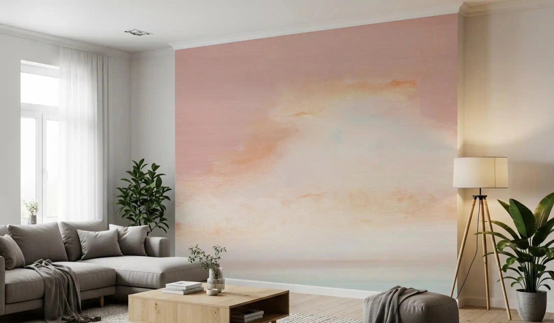 Detailed watercolor brushstrokes define the Ethereal Pastel Horizon Wall Mural look.