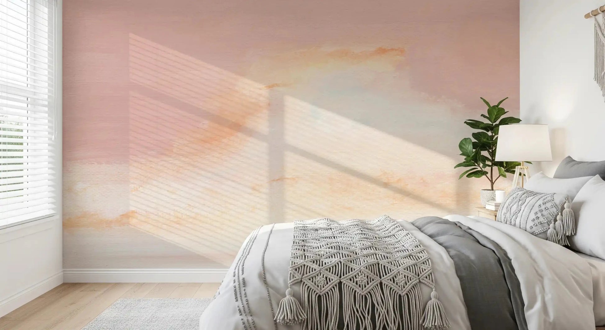 Ethereal Pastel Horizon Wall Mural adds a hazy morning light to a cozy bedroom scene.