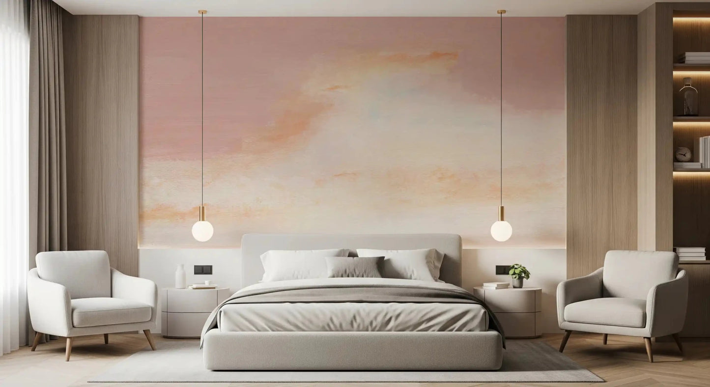Calming pink and peach shades in this Ethereal Pastel Horizon Wall Mural bedroom.