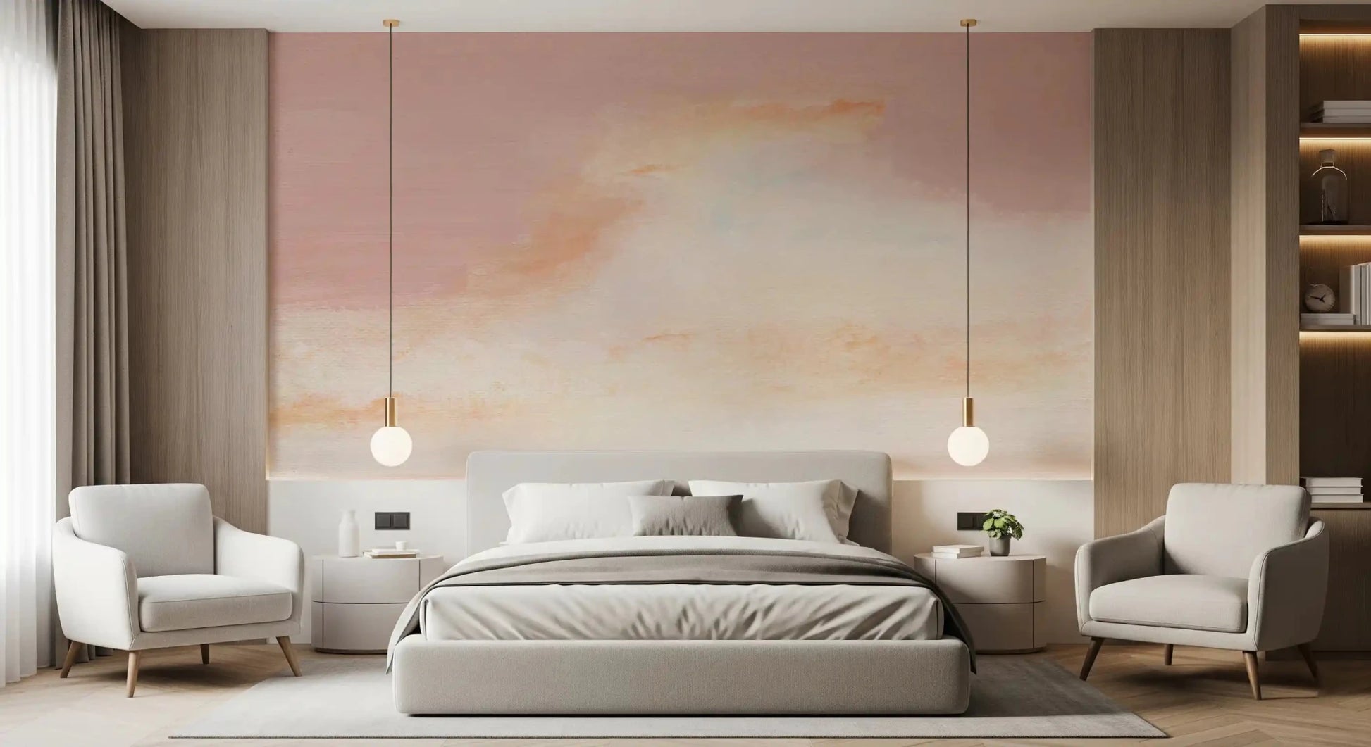 Calming pink and peach shades in this Ethereal Pastel Horizon Wall Mural bedroom.
