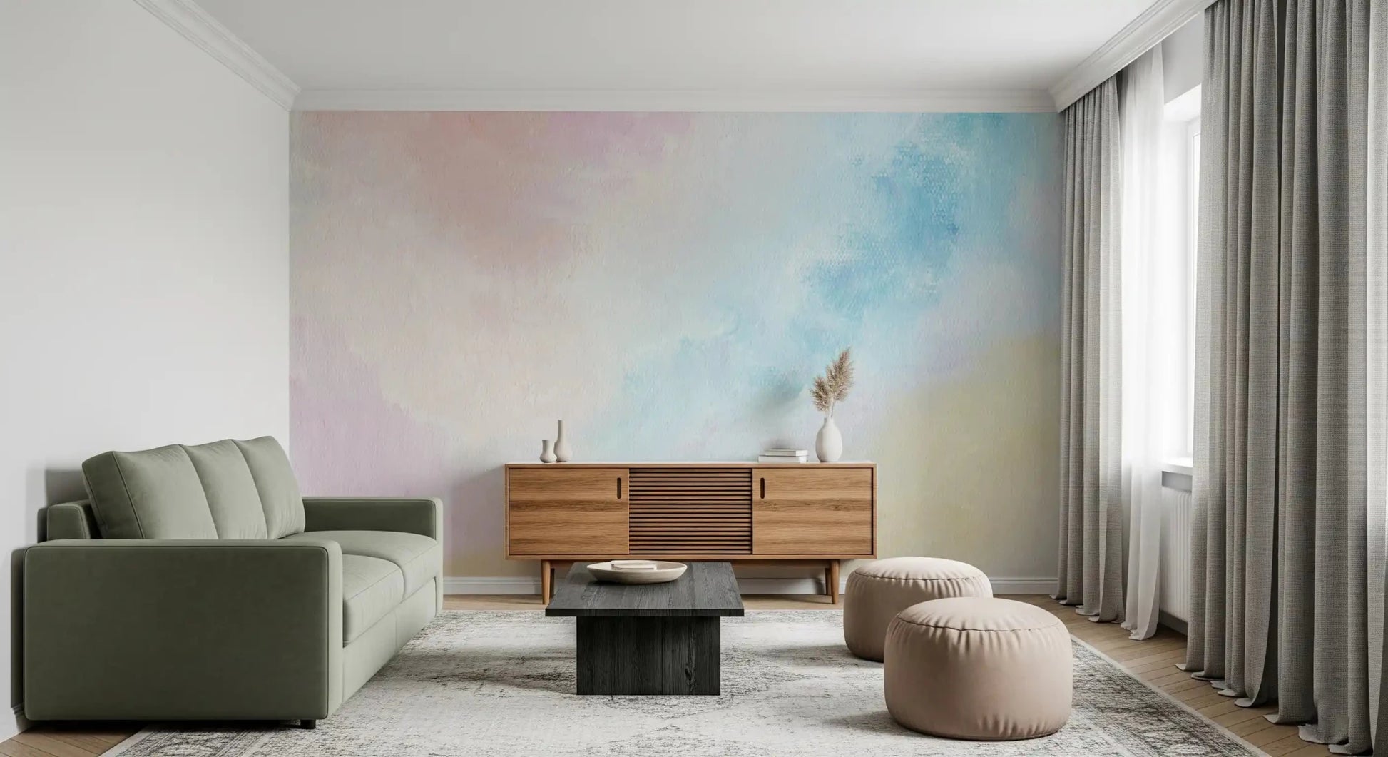 Brightens a large lounge with soft pink and blue tones now Ethereal Pastel Sky Wall Mural.