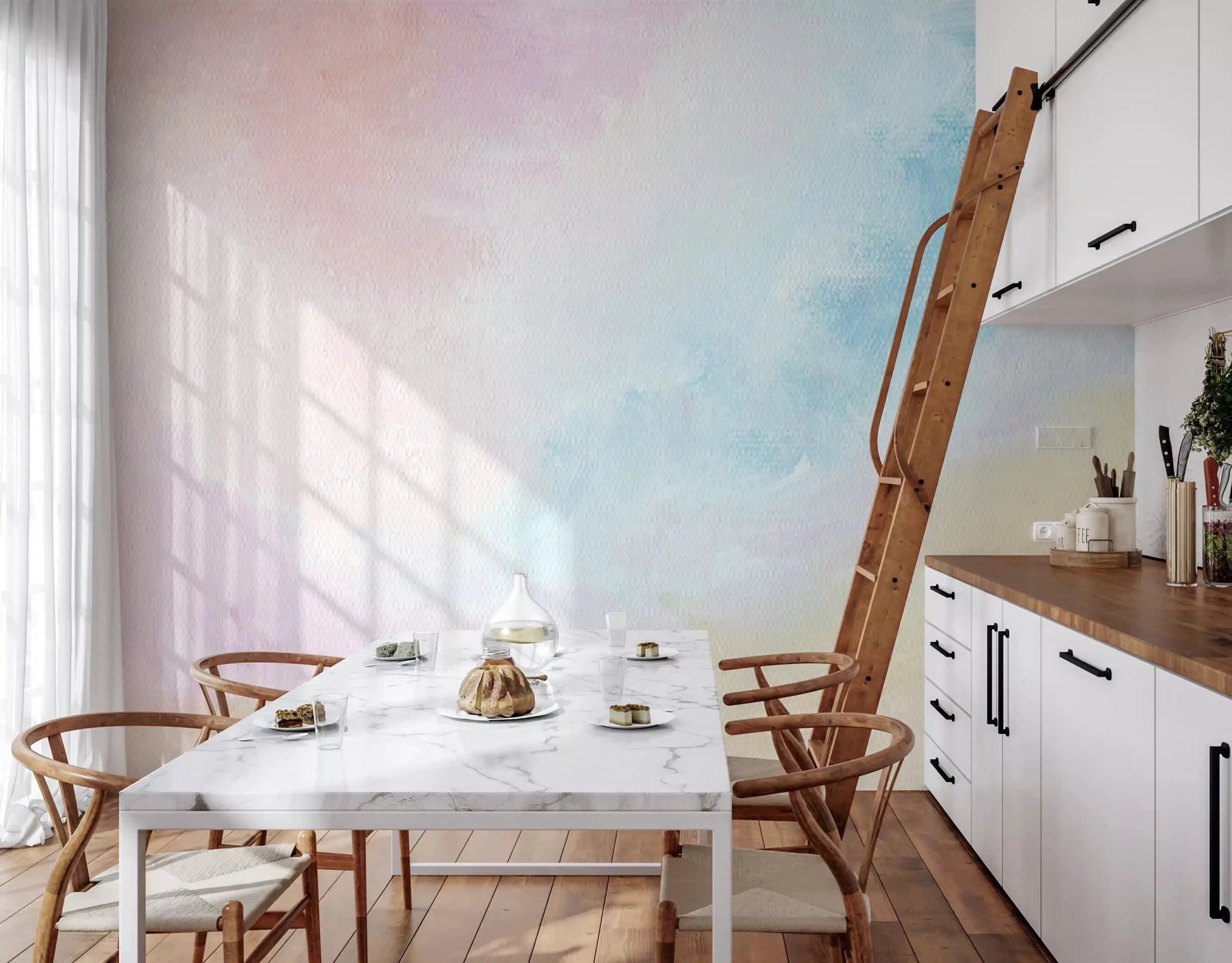 Ethereal Pastel Sky Wall Mural features delicate washes of lavender and pale turquoise sky.