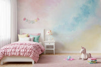 Ethereal Pastel Sky Wall Mural brings a peaceful sky theme into a quiet bedroom section.