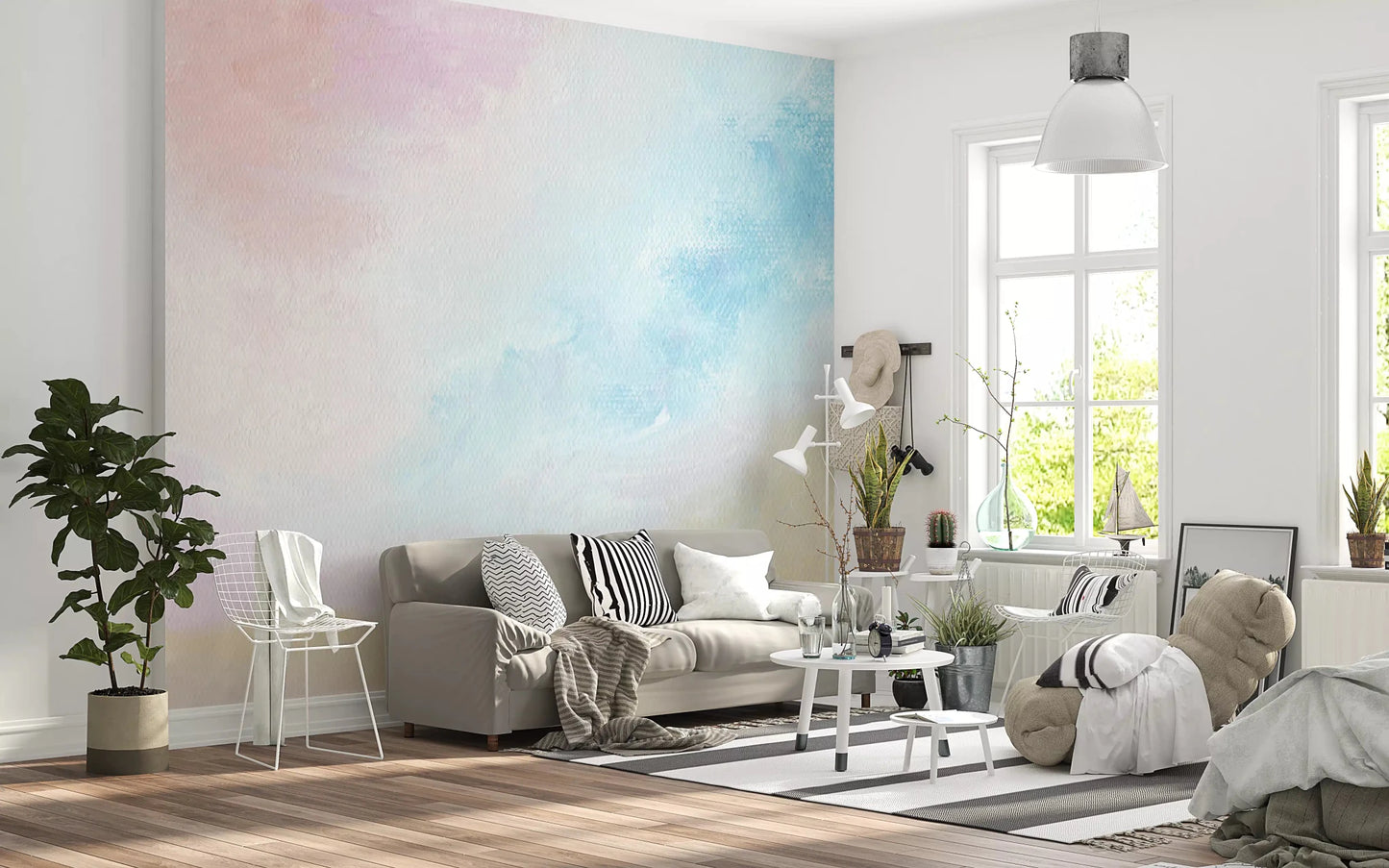Adds a calm watercolour glow to this modern living setting Ethereal Pastel Sky Wall Mural .
