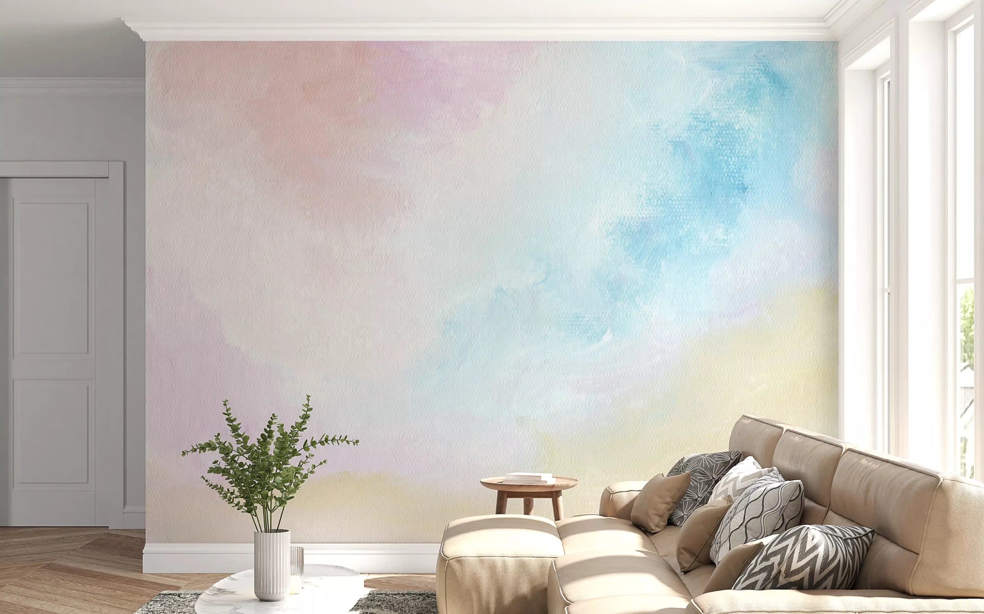 Showcases a blended watercolor effect across the canvas Ethereal Pastel Sky Wall Mural.