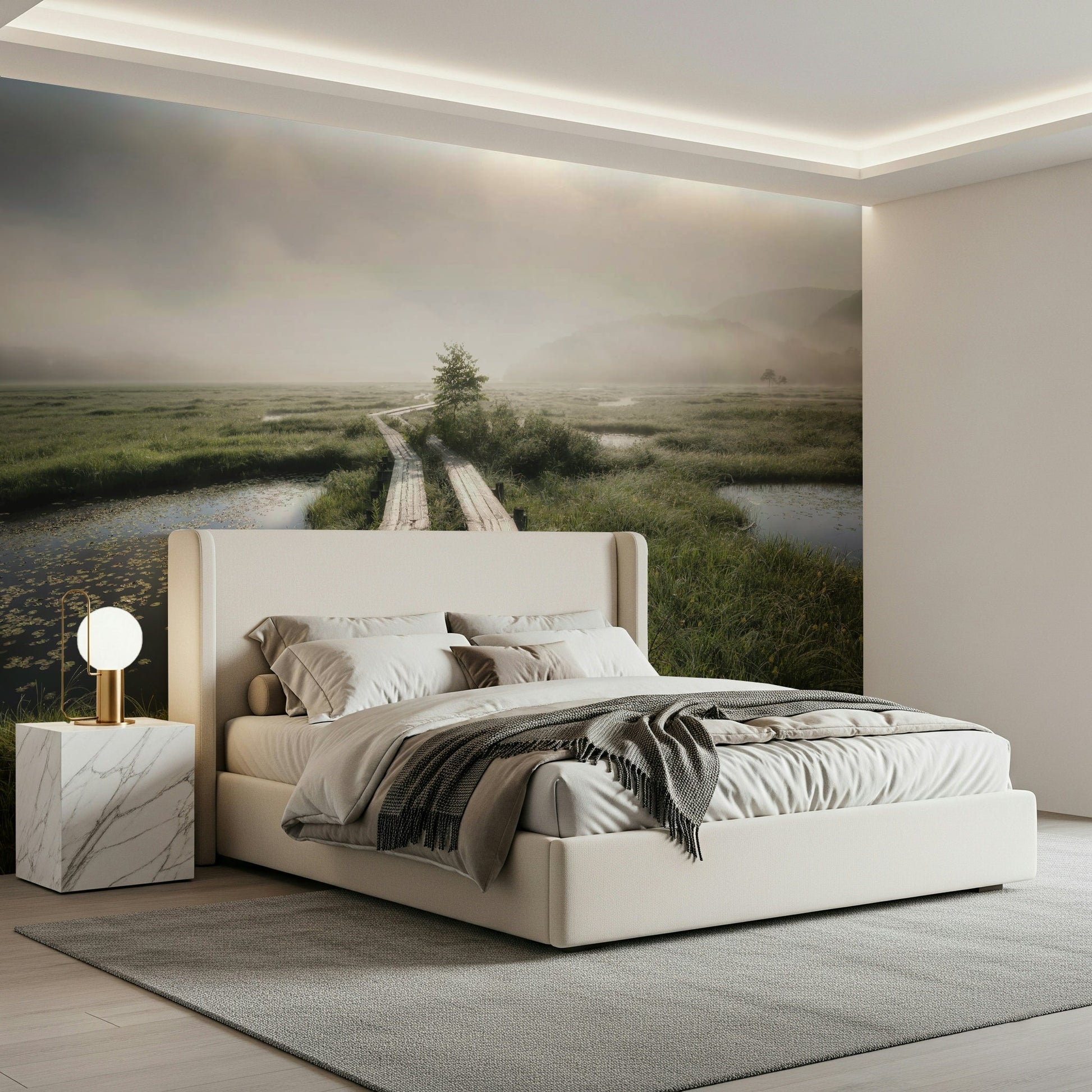 A peaceful woodland vista mural on decorative wallpaper.