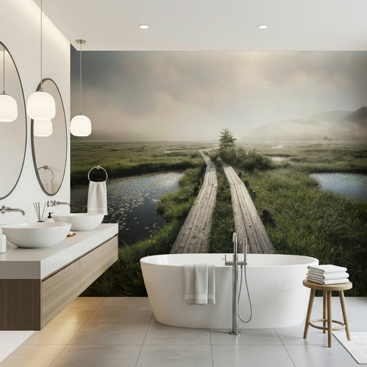 A beautiful ethereal path wallpaper mural leading through a soft, misty forest.
