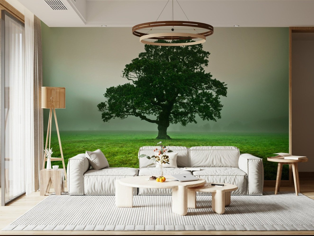 Moody Ethereal Presence wallpaper, foggy field landscape.