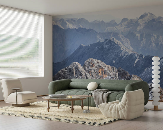 A beautiful ethereal mountain wallpaper mural with soft, misty light., GD5776
