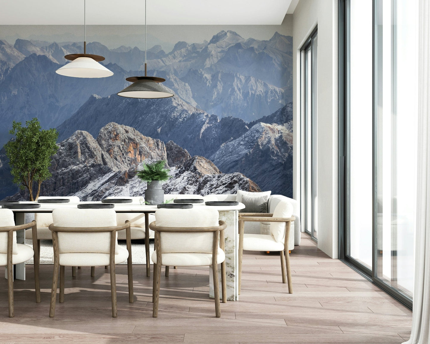 A calming serene view wallpaper mural that defines a space.