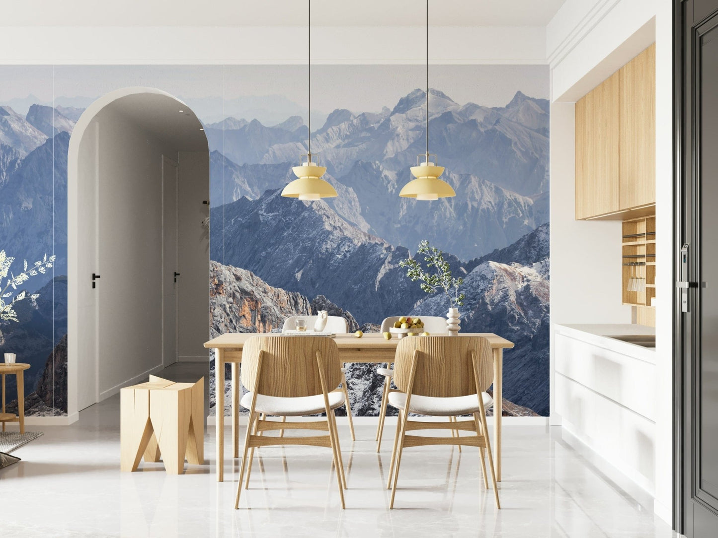 A peaceful open vista mural on decorative wallpaper.