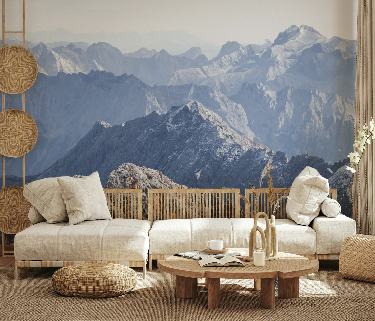A serene dreamy mountain range wall mural for your decor.