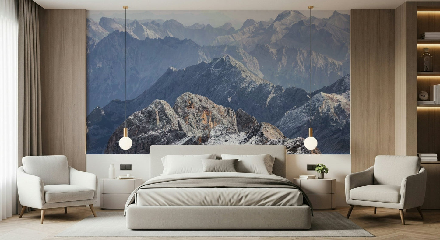A beautiful wide-angle wall mural of a misty mountain.
