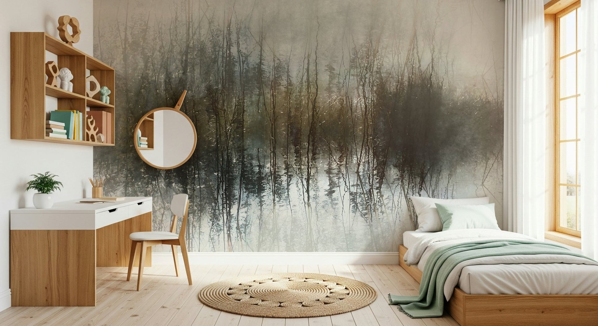 A peaceful modern abstract mural on decorative wallpaper., GD5624