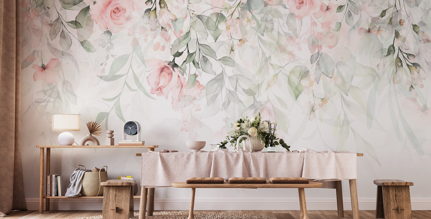 Delicate Pink Floral Mural Wallpaper

