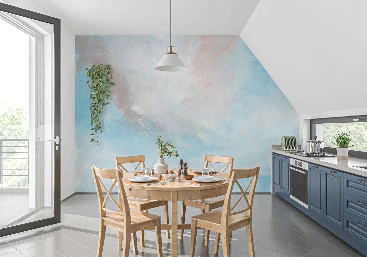 Light blue sky patterns from the Ethereal Sky Canvas Wall Mural flow into this kitchen area!!