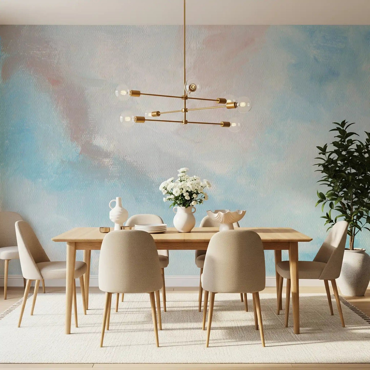 Soft watercolor clouds in the Ethereal Sky Canvas Wall Mural brighten this dining room 