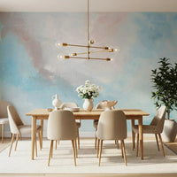 Soft watercolor clouds in the Ethereal Sky Canvas Wall Mural brighten this dining room 