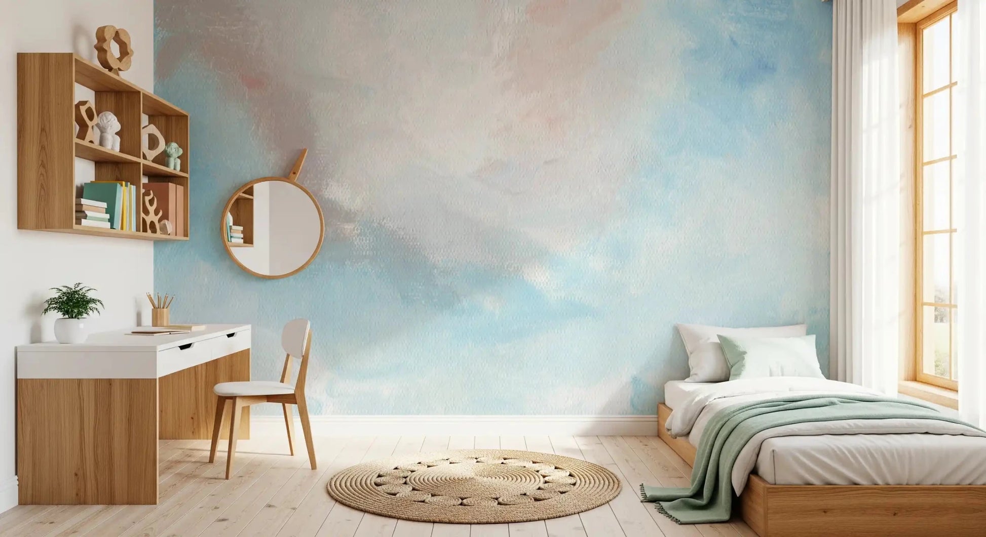Ethereal Sky Canvas Wall Mural adds a peaceful morning sky look in this quiet bedroom space!!