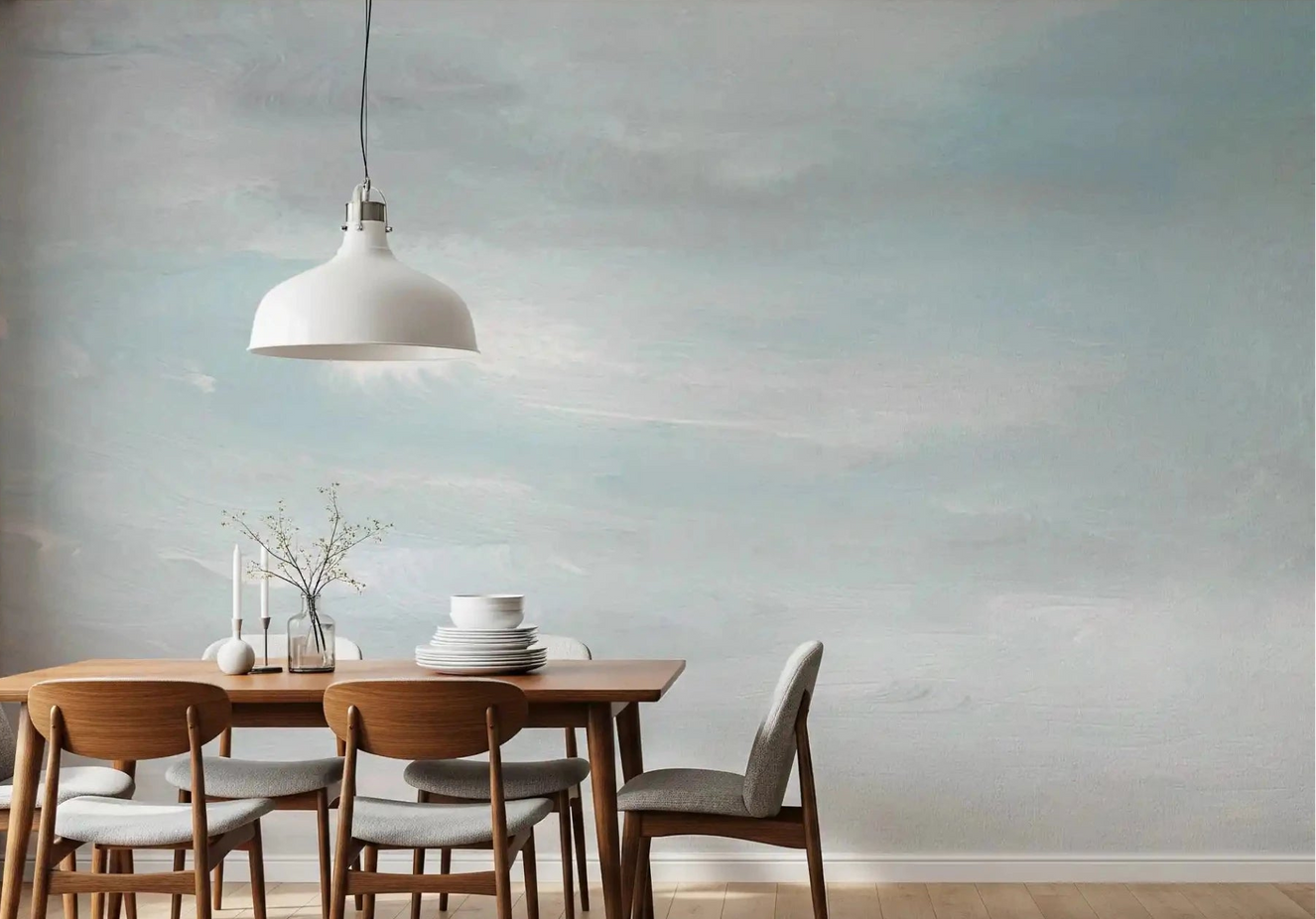 Dining room Ethereal Sky Wash wall mural with soft blue painted clouds