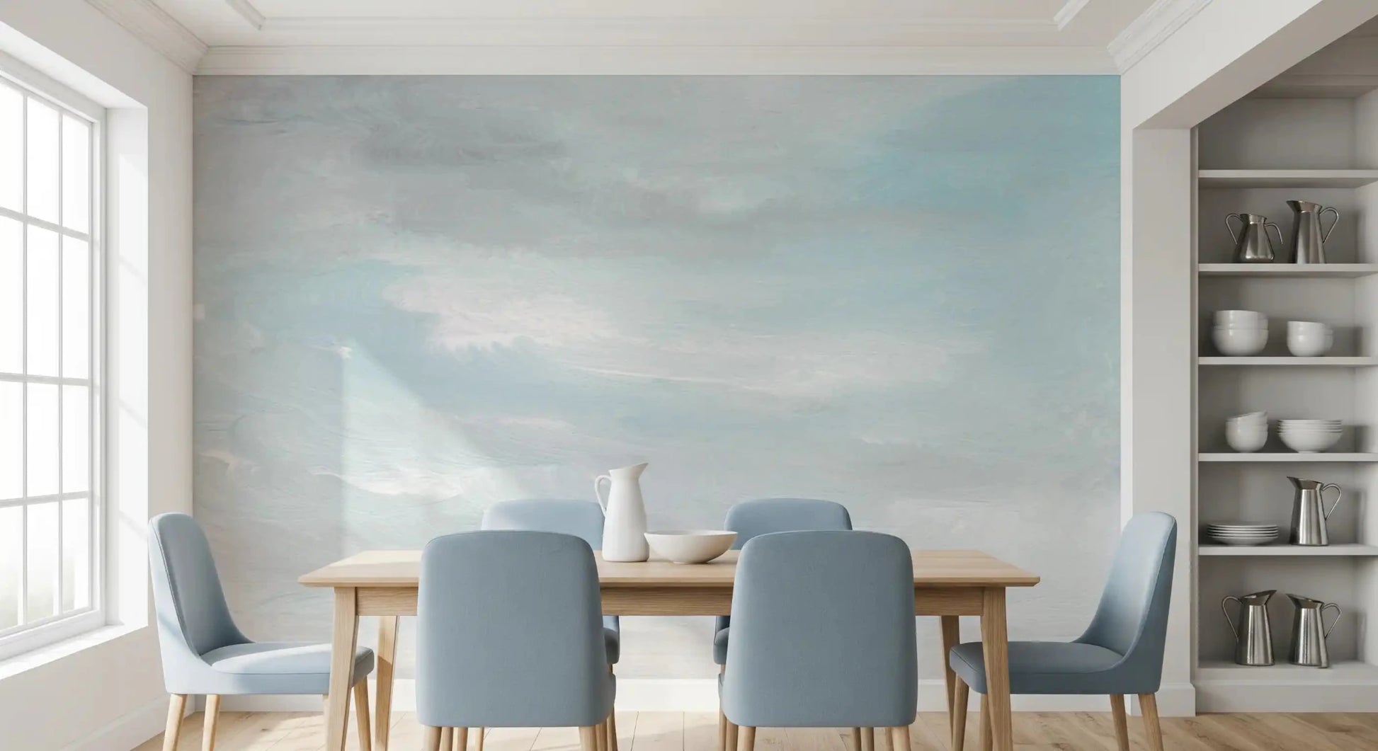 Dining area Sky Wash Mural wall mural in pale misty abstract tones