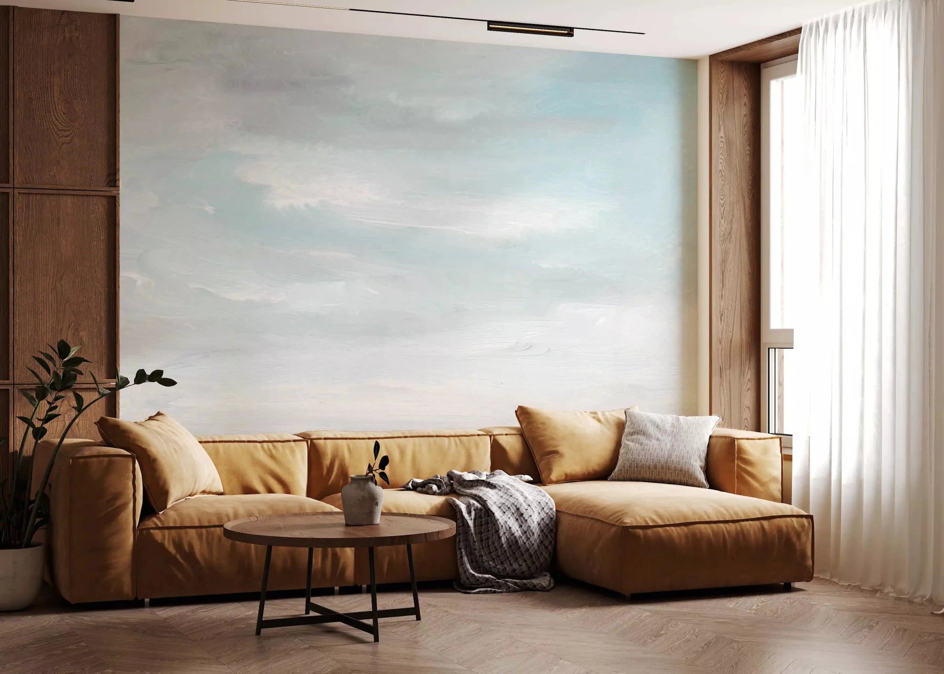 Living room Ethereal Wash wall mural with cloud-like pastel surface