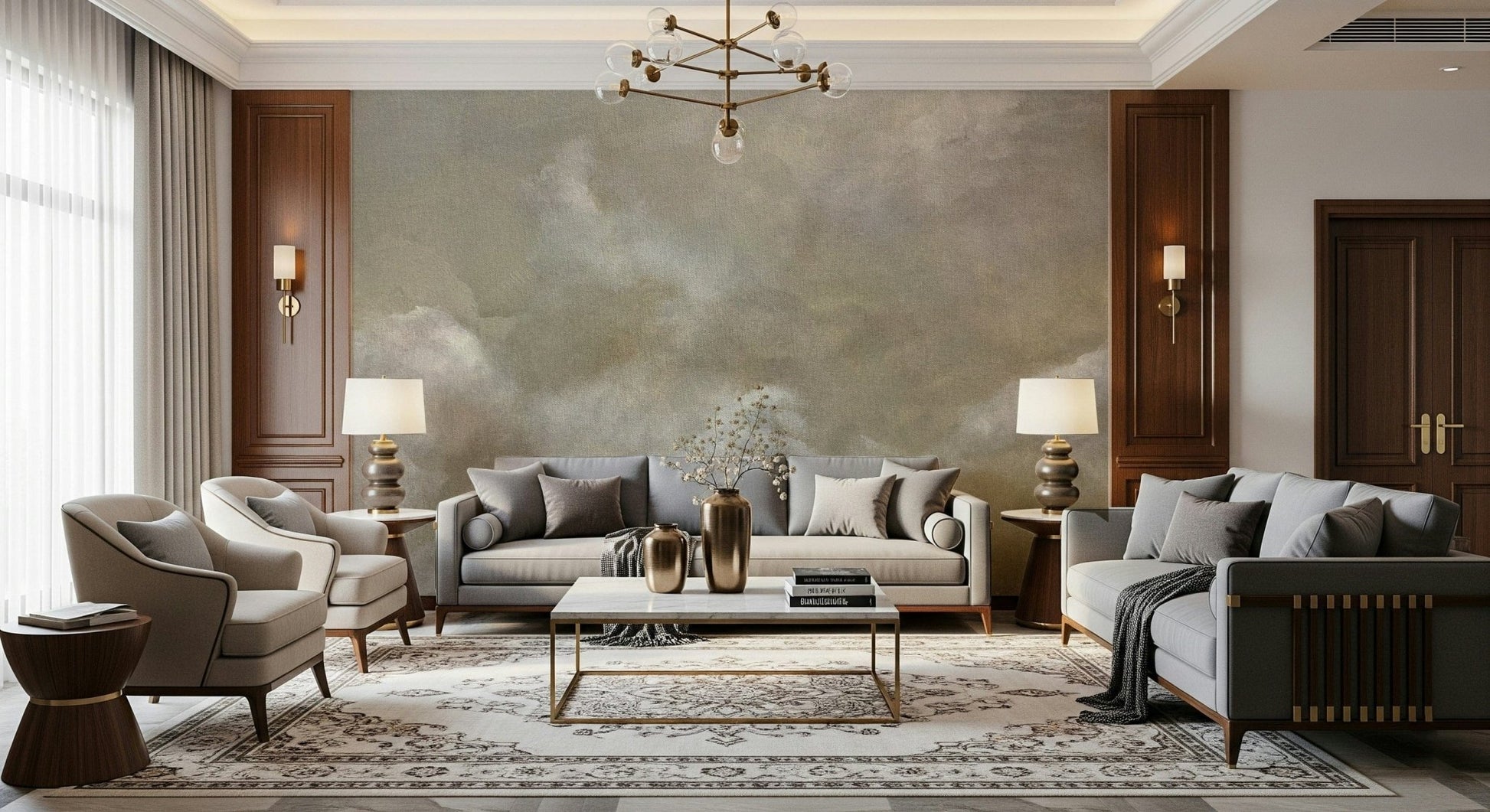 A peaceful modern abstract mural on decorative wallpaper.