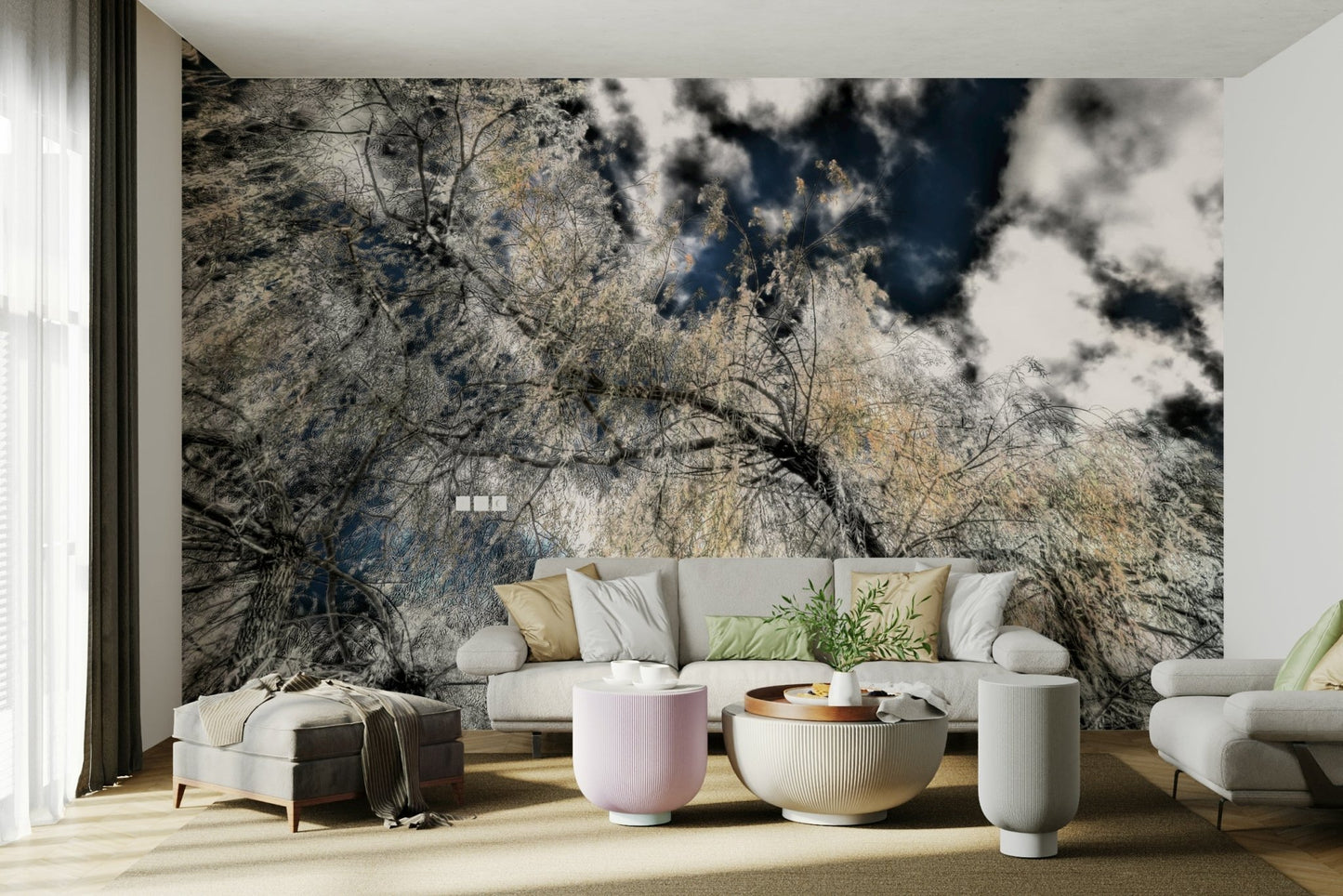 The dark branches and foliage are silhouetted against a bright, dramatic sky.