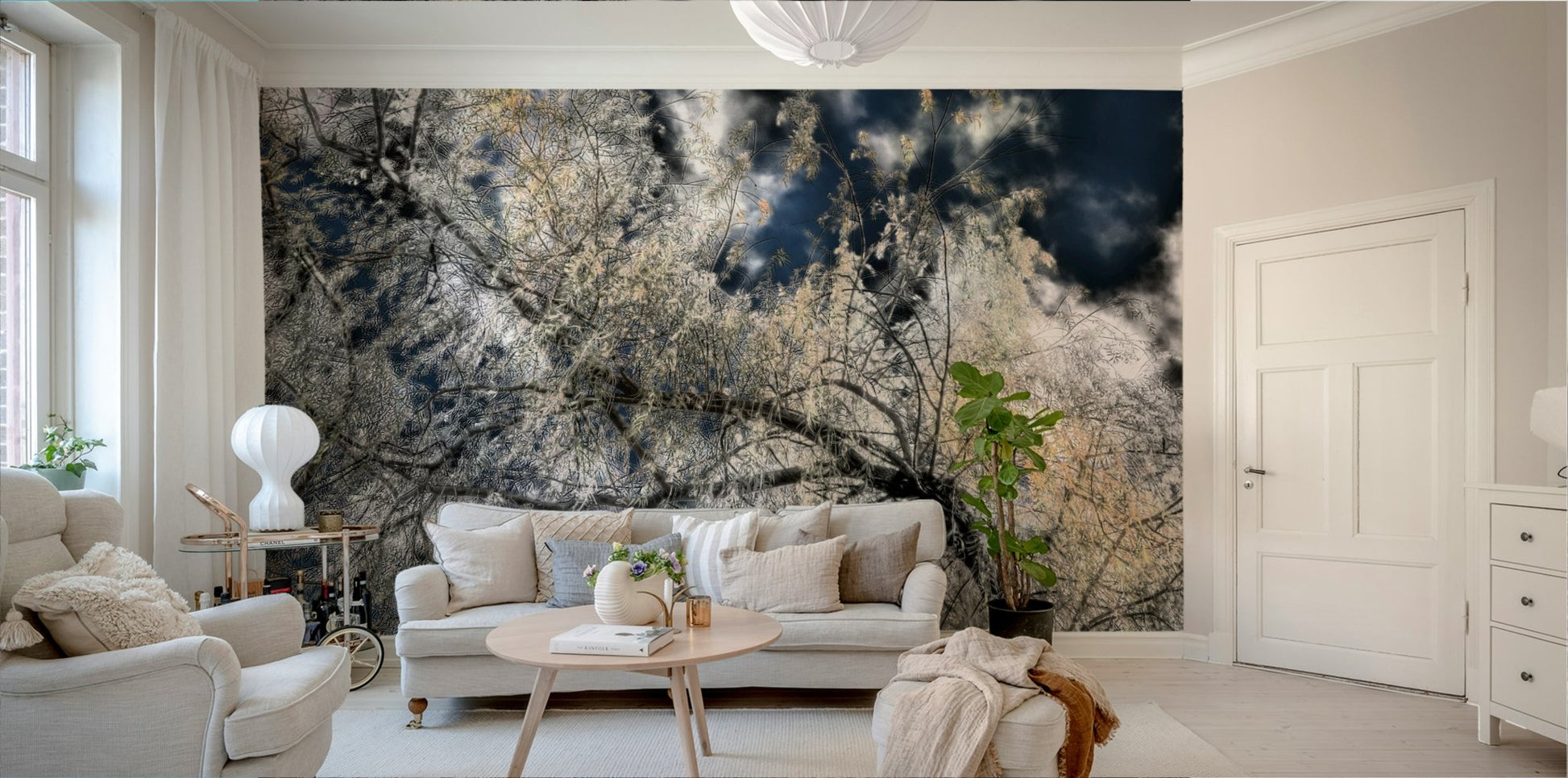 The wallpaper is applied seamlessly, making the view feel realistic.


