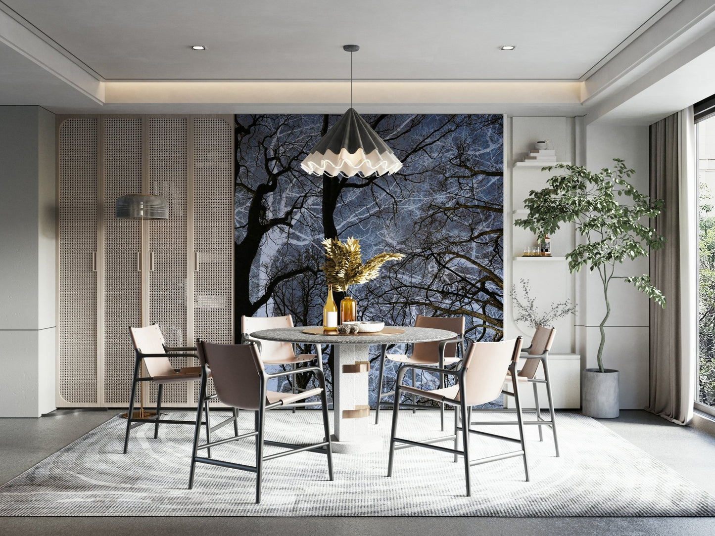 Features abstract tree silhouettes, sharply defined against a dark or moody sky., GD2686