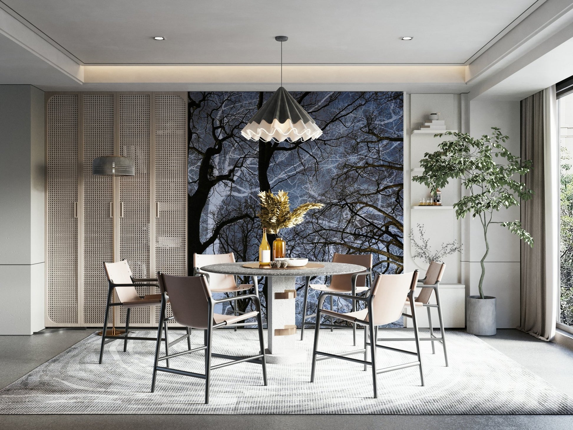 Features abstract tree silhouettes, sharply defined against a dark or moody sky., GD2686