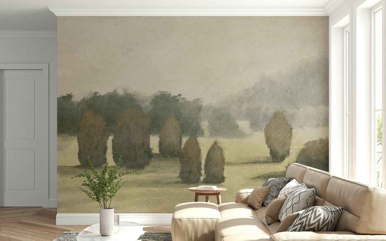A beautiful ethereal valley wallpaper mural with soft, misty light.