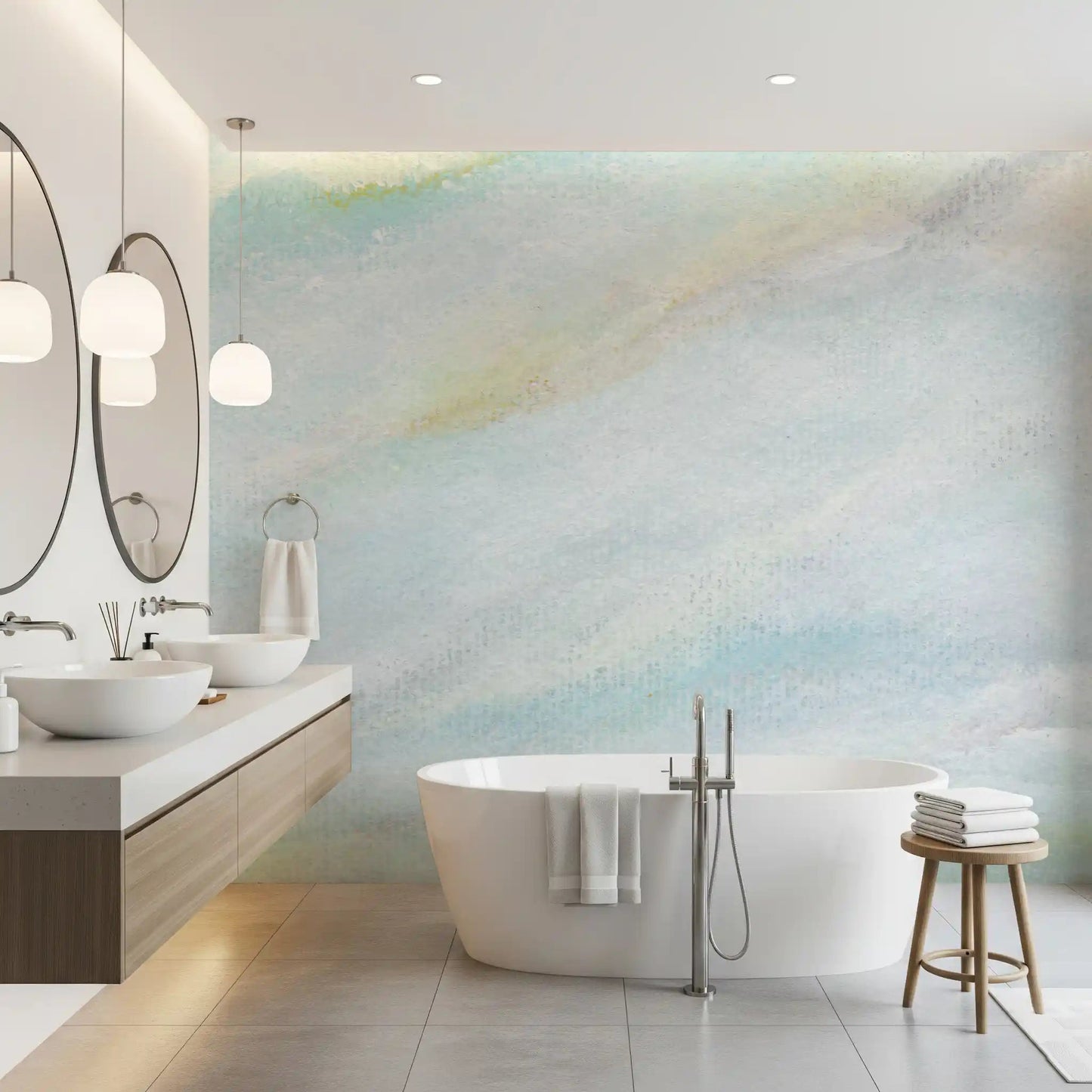 Soft blue wall mural shows sky washed texture with white haze and light grain