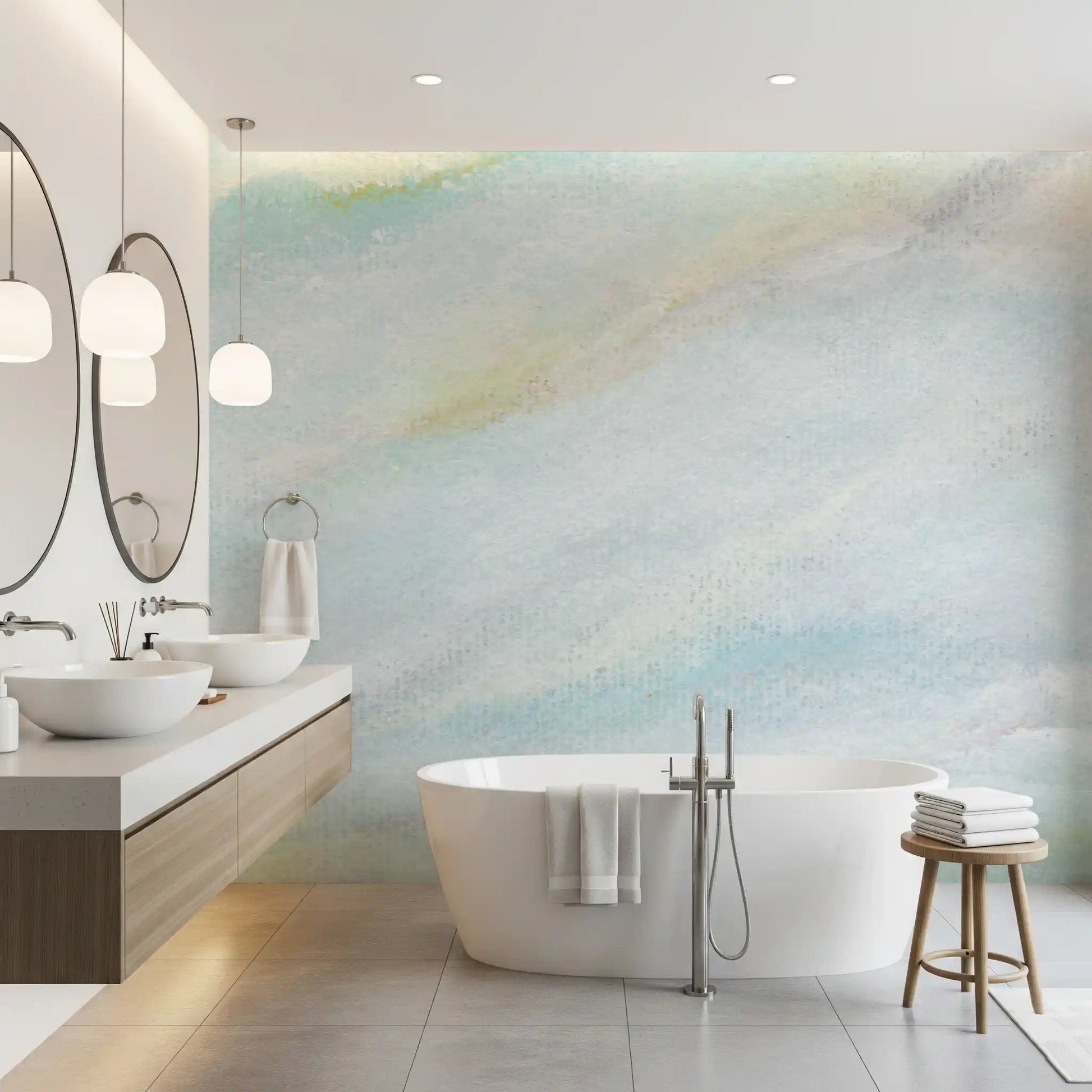 Soft blue wall mural shows sky washed texture with white haze and light grain