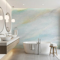 Soft blue wall mural shows sky washed texture with white haze and light grain