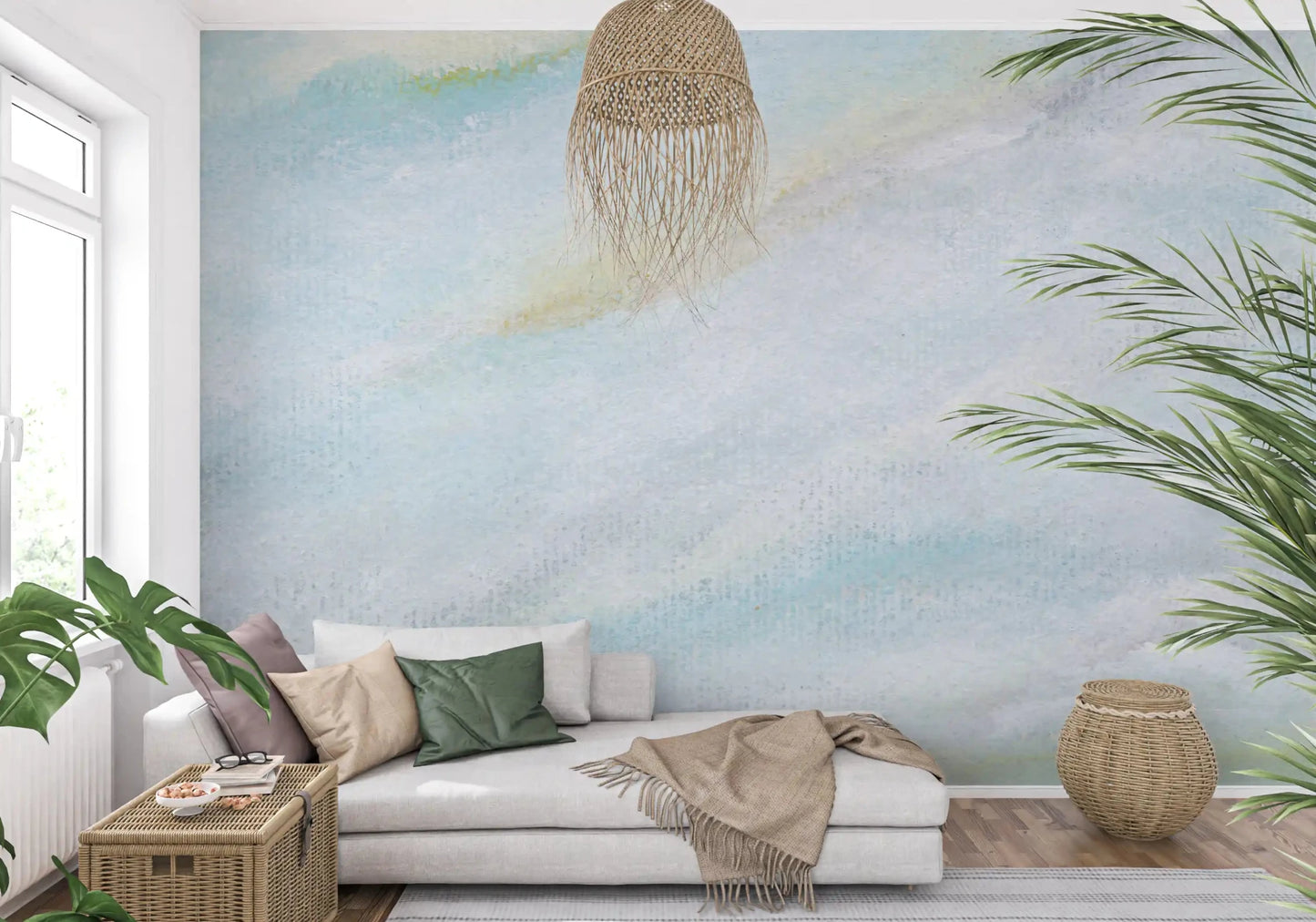 Ethereal Wash of sky wall mural carries pastel blue flow with muted cloudy depth