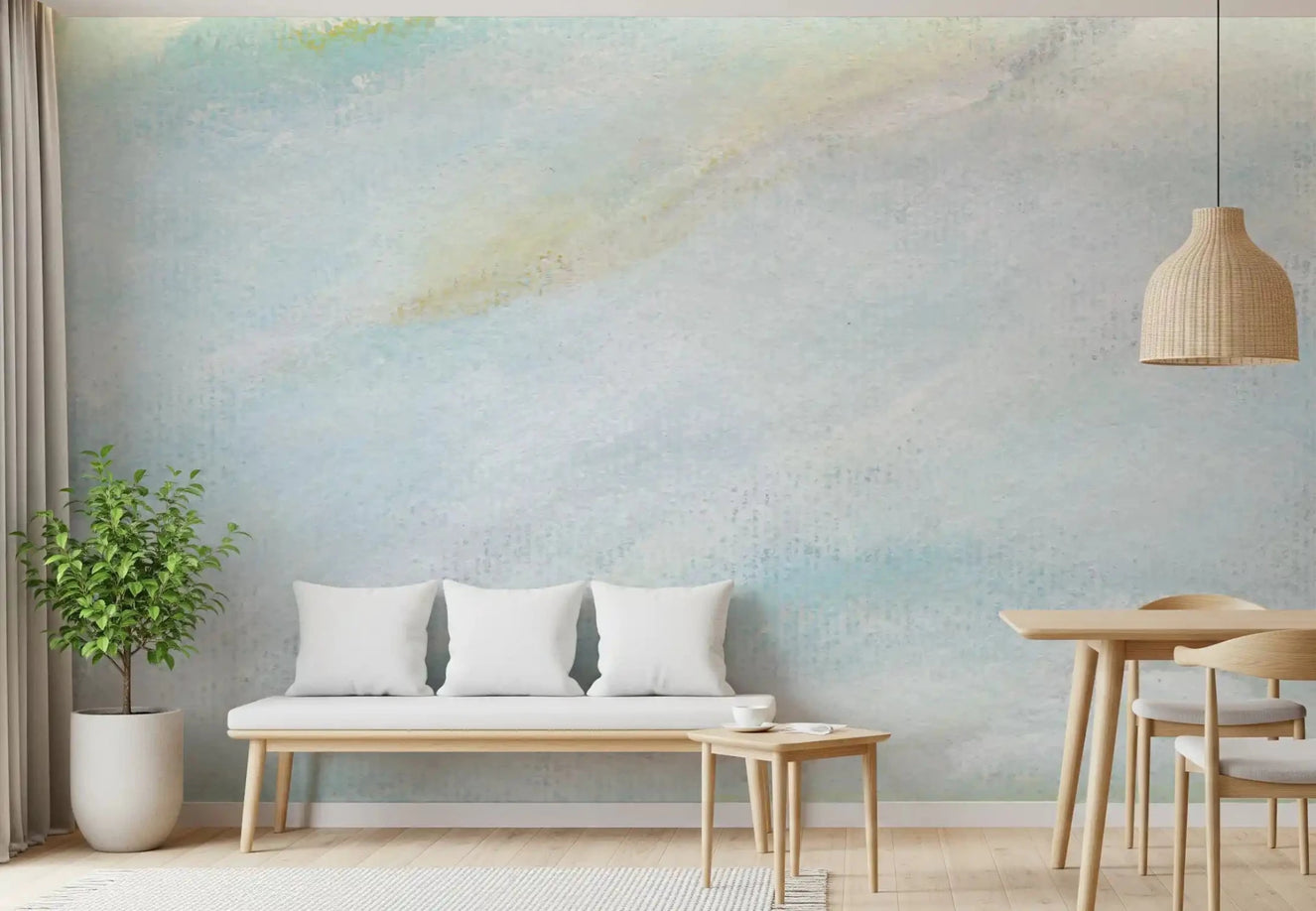 Dining room with Ethereal Wash of sky wall mural in soft blue and cream haze