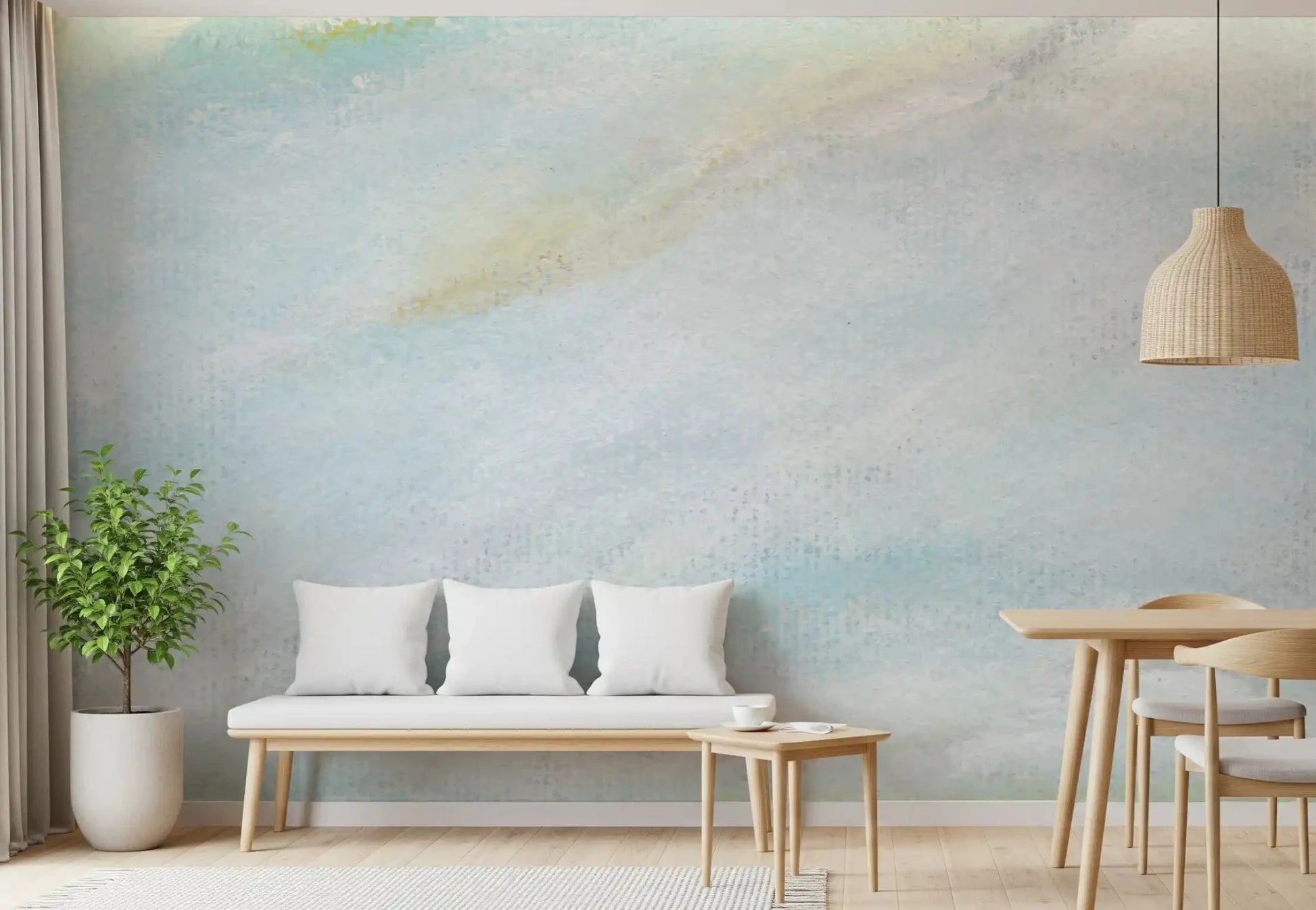 Dining room with Ethereal Wash of sky wall mural in soft blue and cream haze