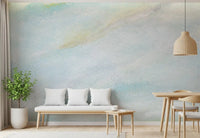 Dining room with Ethereal Wash of sky wall mural in soft blue and cream haze