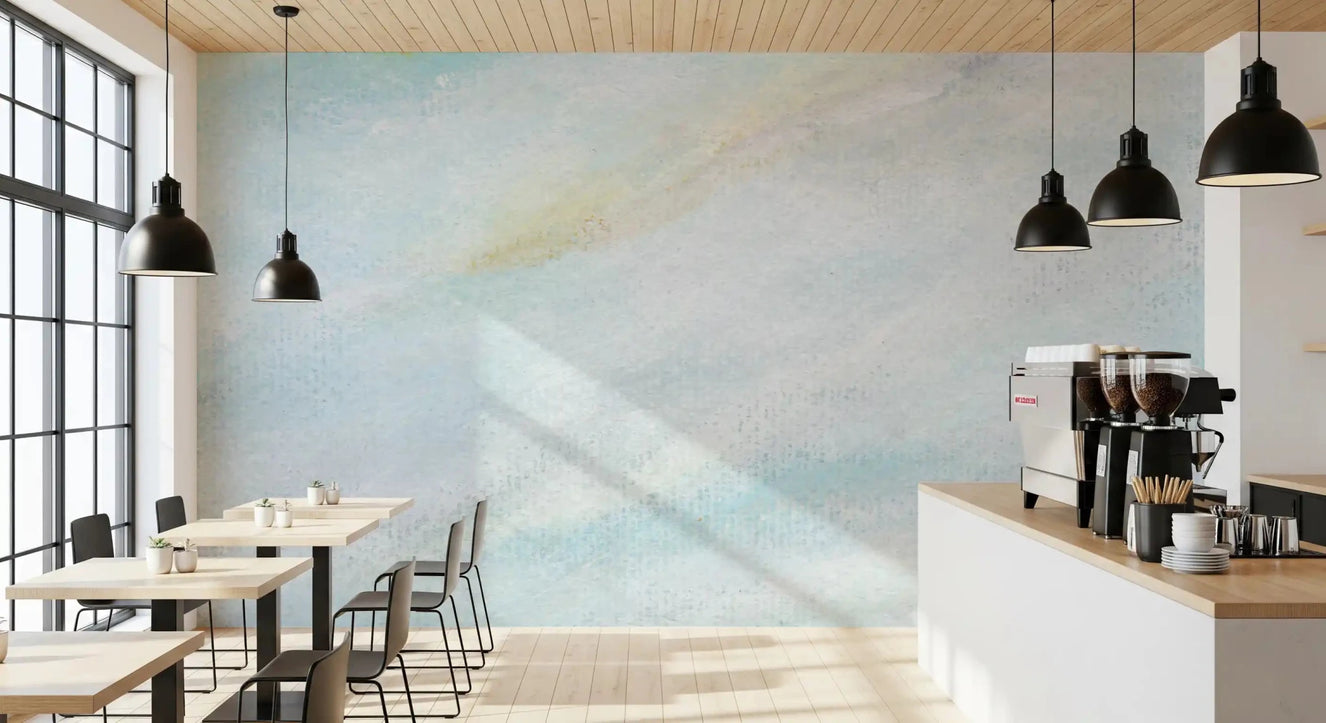 Cafe restaurant with Ethereal Wash of sky wall mural in pale blue cloudy tones