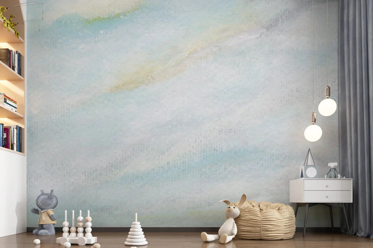 Nursery with Ethereal Wash of sky wall mural in calm pale blue and warm haze