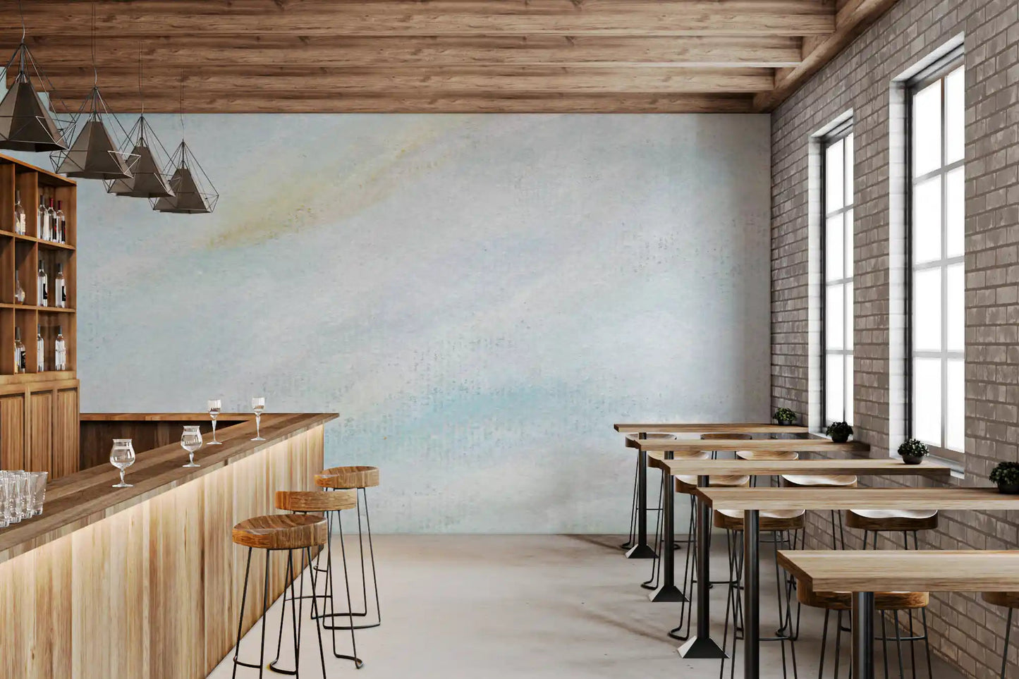 Café restaurant with Ethereal Wash of sky wall mural in airy blue textured wash