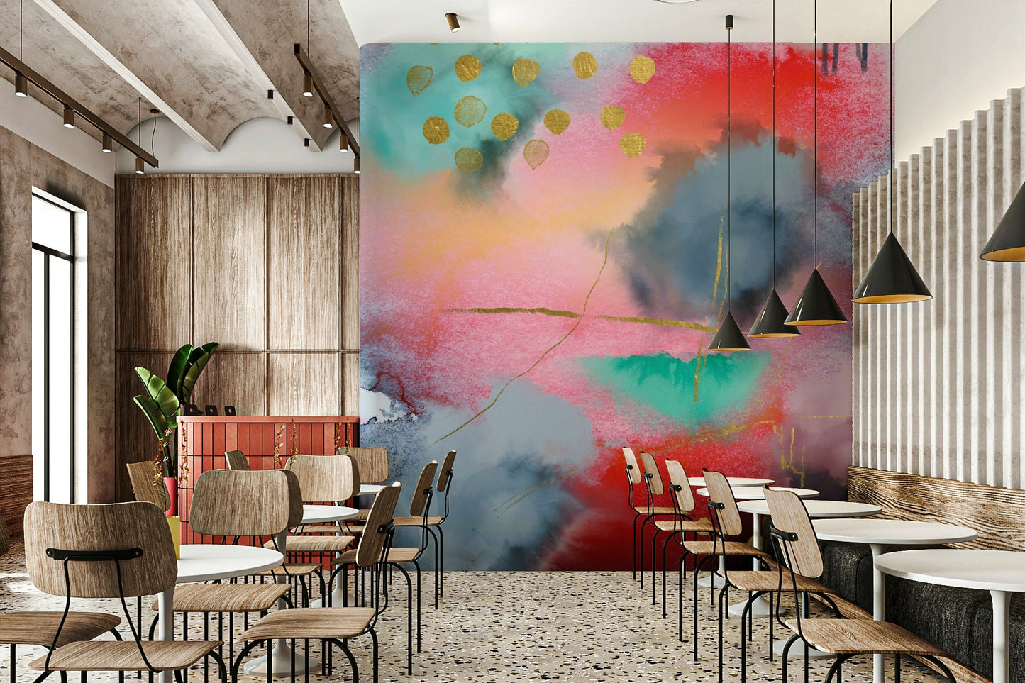 Watercolor escape mural in light tones

