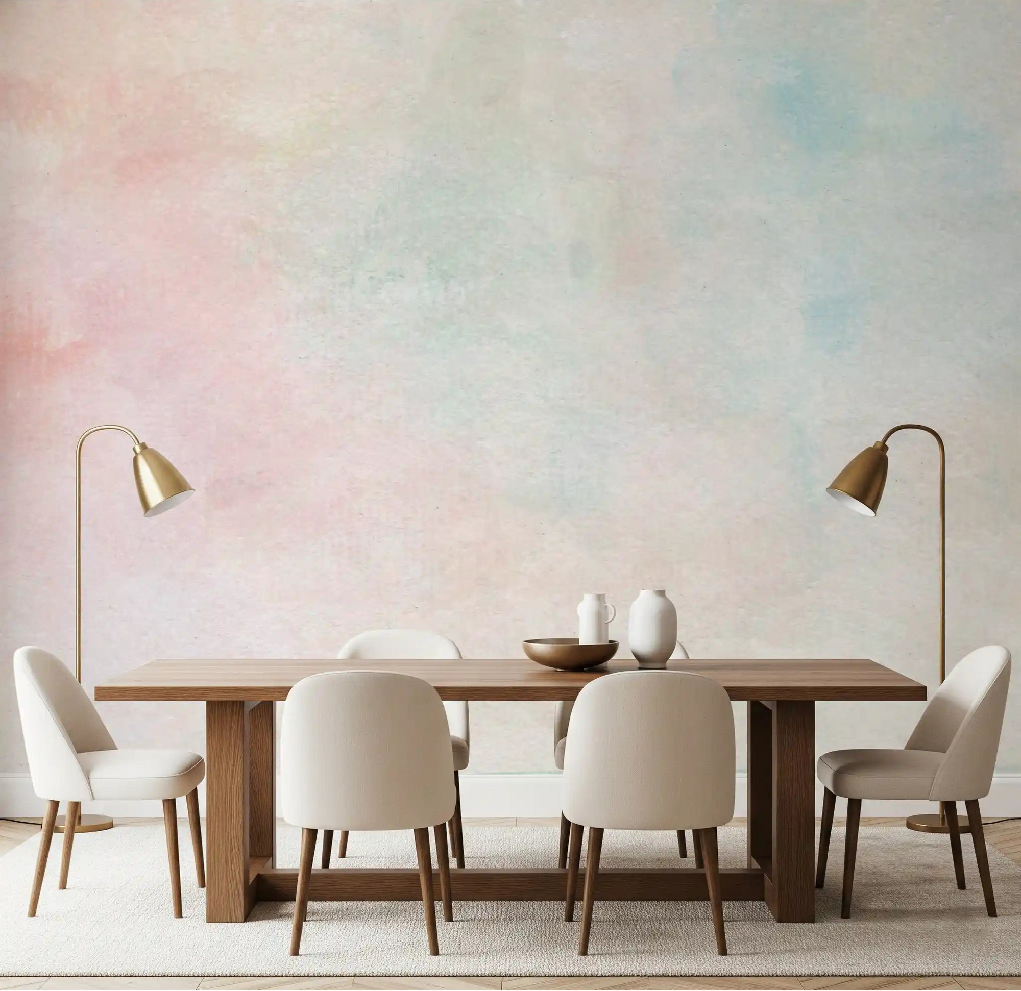 Ethereal Watercolor Wash Wall Mural brings a soft glow to this quiet dining interior space., GD9123