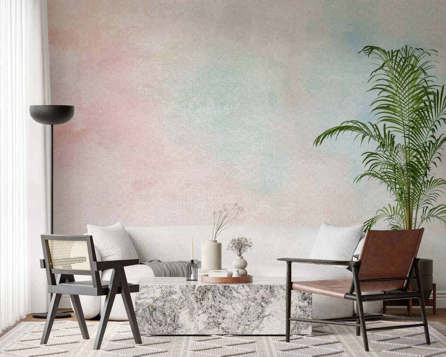 The Ethereal Watercolor Wash Wall Mural displays a seamless blend of misty sky layers.