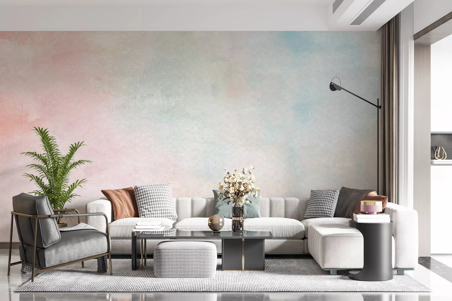 Wide living room featuring the Ethereal Watercolor Wash Wall Mural in dreamy rose tones.