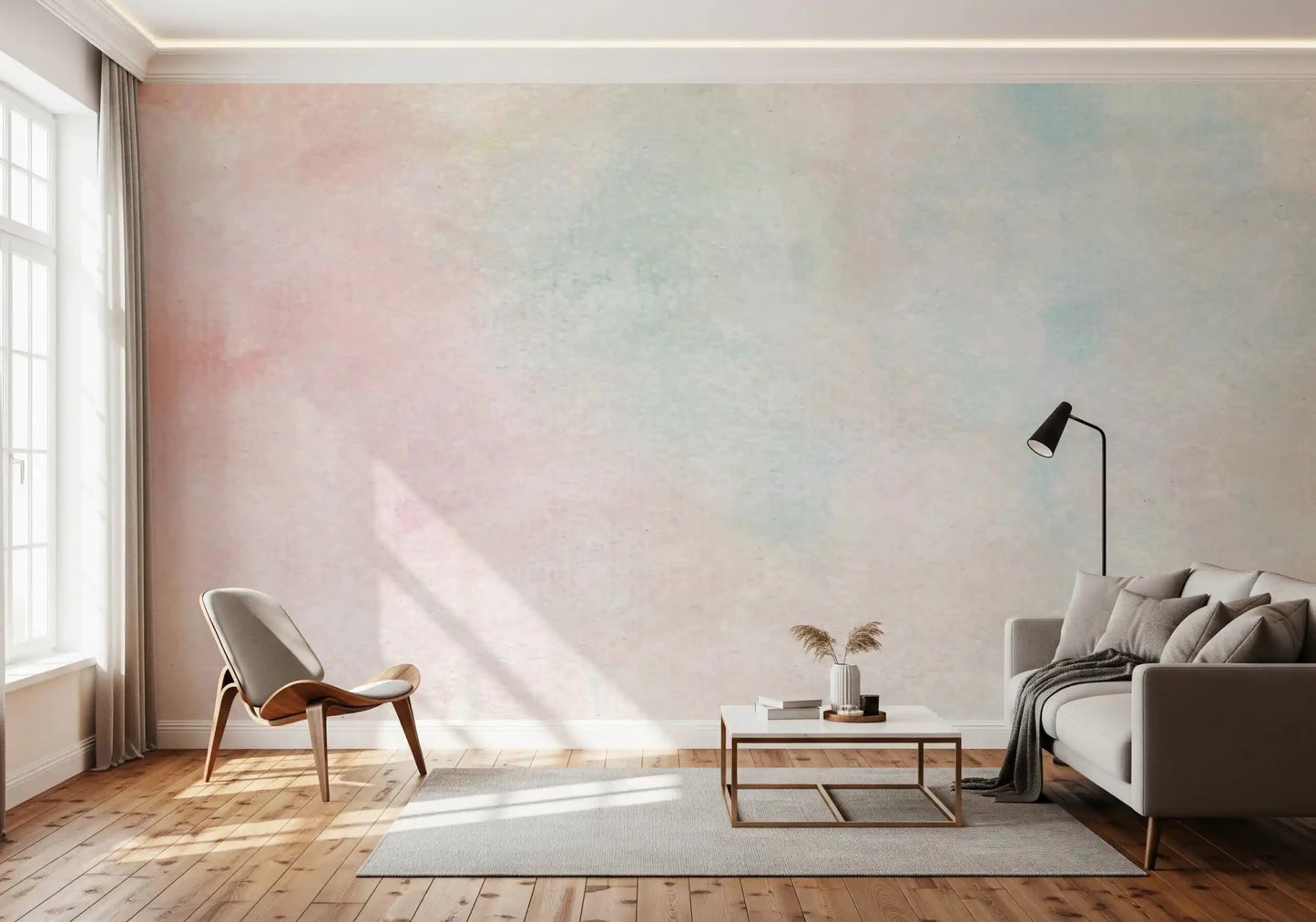 Soft sun-drenched pink and mint textures on the Ethereal Watercolor Wash Wall Mural face.