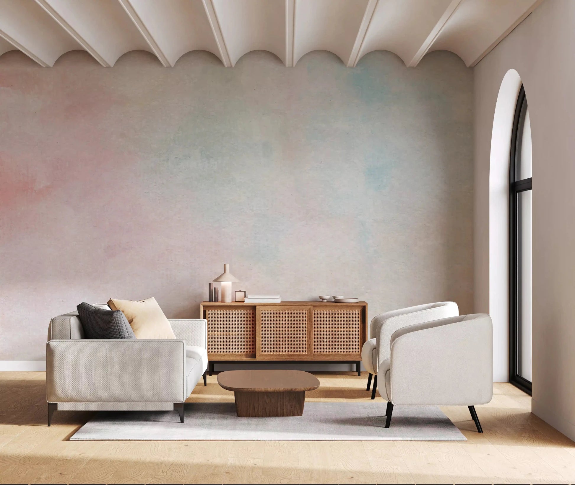 Elegant washes of soft blue and peach define the Ethereal Watercolor Wash Wall Mural look.