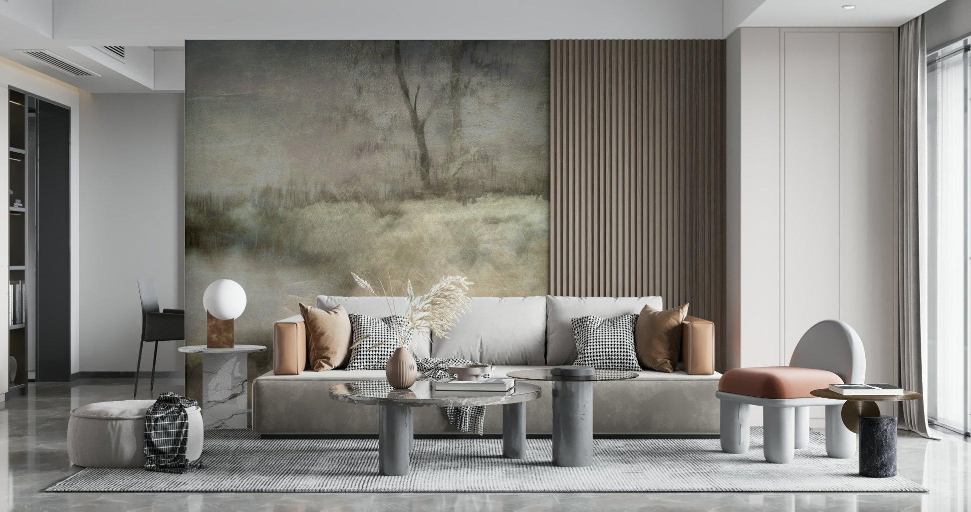 A peaceful modern abstract mural on decorative wallpaper., GD5593