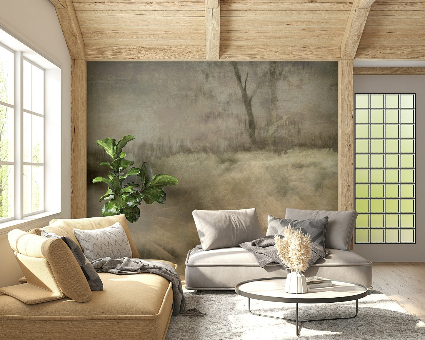 An artistic soft focus mural on minimalist wallpaper., GD5593